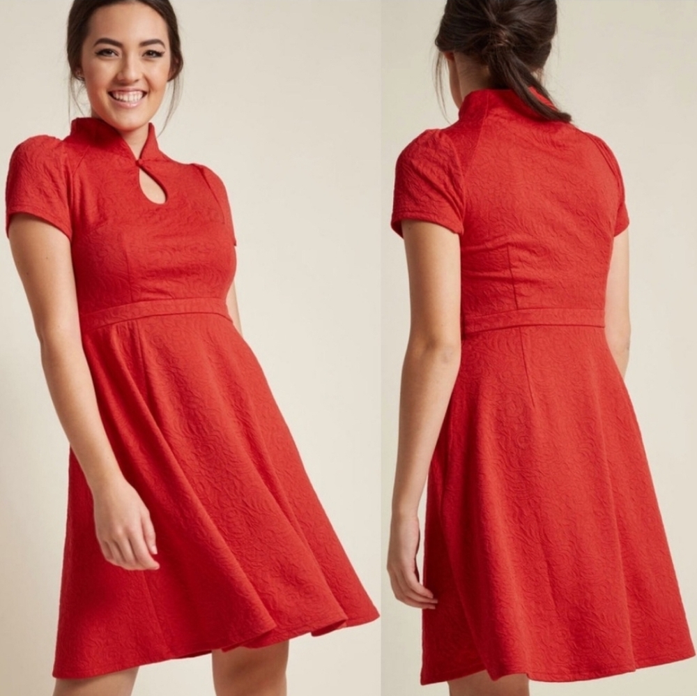 Modcloth red high society keyhole a line dress Flirty Romantic Summer Dress